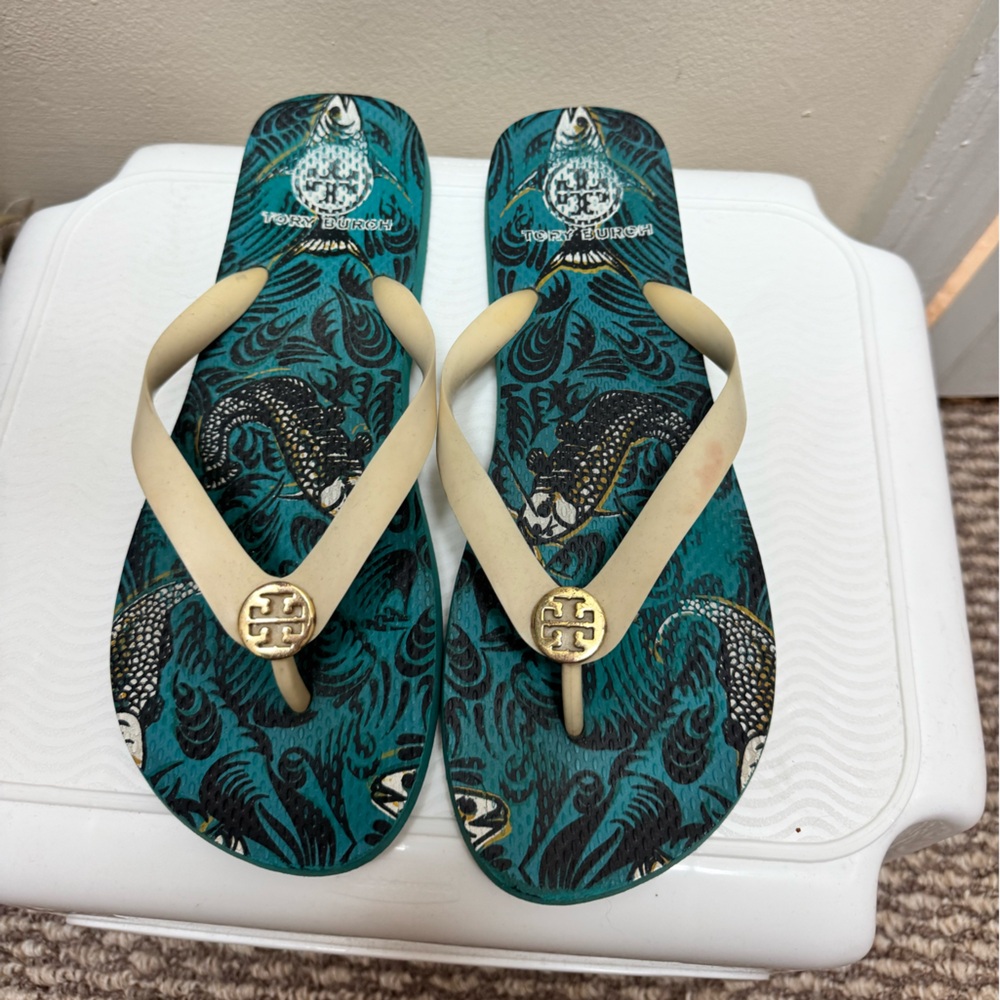 Tory Burch Teal and Cream Patterned Sandals